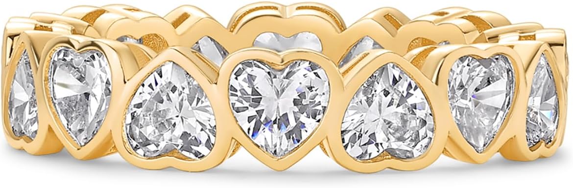 PAVOI 14K Gold Plated Heart Ring for Women - Heart-Shaped Cubic Zirconia Eternity Rings for Women - Stackable Wedding Band for Brides - Cute Valentines Day Love Promise Jewelry Gifts