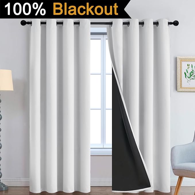 Yakamok Greyish White 100% Blackout Curtains 96 Inches Long, 2 Thick Layers | Blackout Curtains for Bedroom/Living Romm Full Light Blocking Soft Thermal Insulated Drapes for Bedroom 52" Wide Each Panel