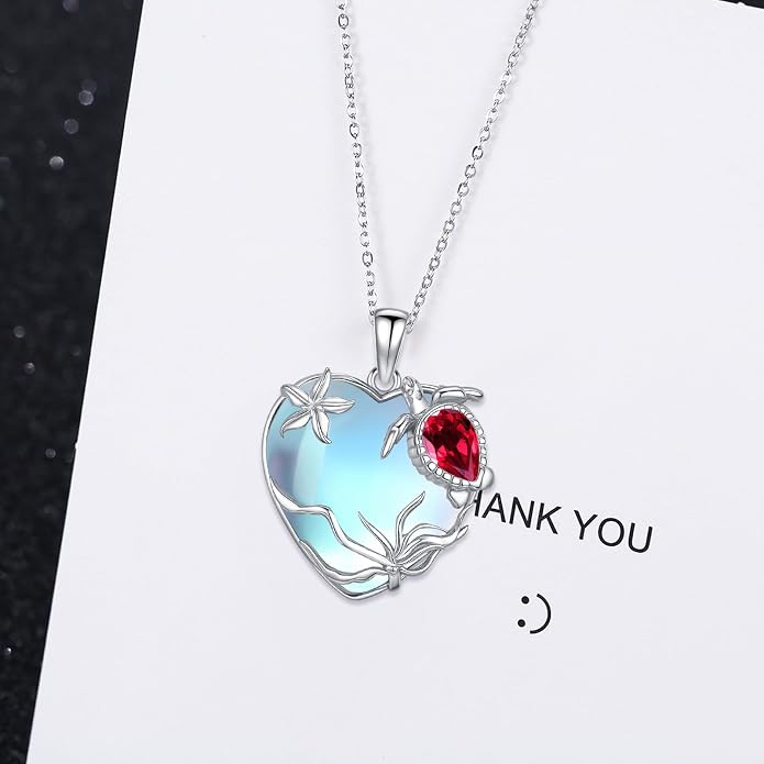 Sea Turtle/Seaweed Necklace for Women 925 Sterling Silver Heart of the Ocean Moonstone Pendant Necklace Turtle Moonstone Jewelry Gift for Wife Mom