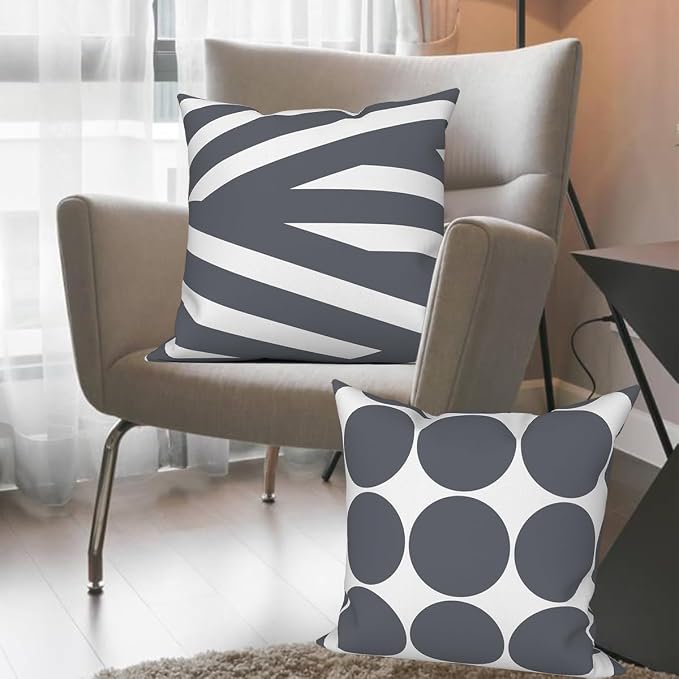4 Pcs/Set Geometric Pillow Covers Boho Grey Winding Strips Circle Mid Century Geometry Stripes Minimalist Throw Pillow Covers for Home Sofa Couch Outdoor Decorative, 16"x16", Grey White