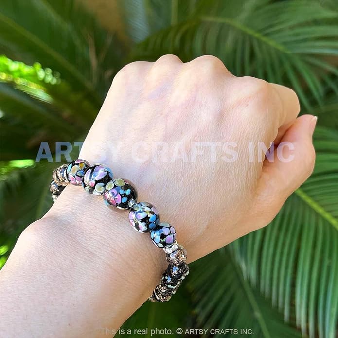 ARTSY Crafts Lily Garden Glow in the Dark Firefly Bead Bracelets Necklaces, Handmade in USA Murano Glass Jewelry, Flower Luminous Beads Mermaid Crystal Bracelet Bangle