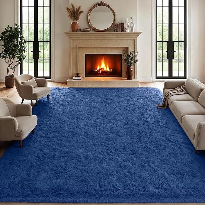 Area Rugs 9x12 Living Room Bedroom: Soft Fluffy Shag Rugs Upgrade Non-Slip High Pile Carpet Large Fuzzy Plush Indoor Floor Shaggy Carpets for Nursery Kid Playroom Office Dorms Home Decor Blue