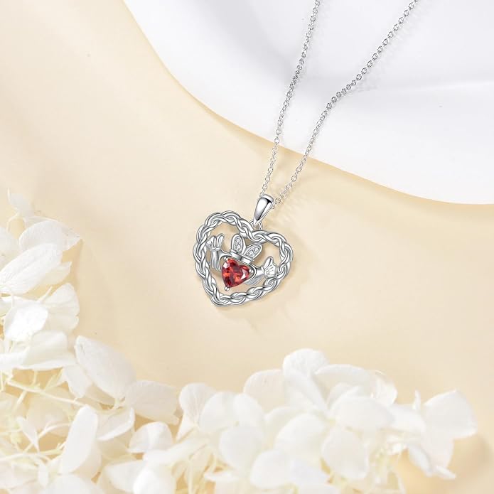 Birthstone Claddagh Heart Necklace 925 Sterling Silver Heart Celtic Knot Claddagh Necklace Pendant Irish Jewelry Gifts for Women Mom Wife Sister Christmas Birthday,18+2 inch
