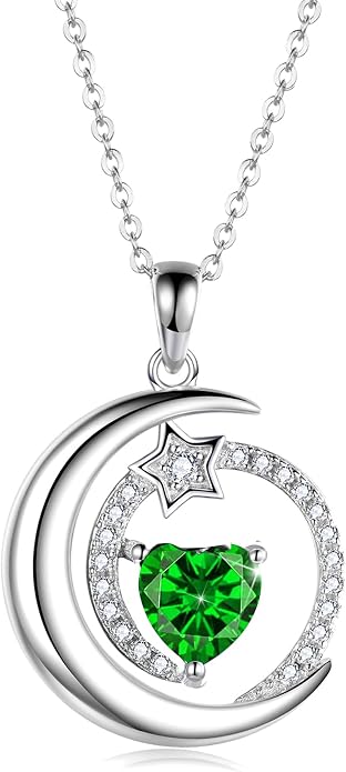 S925 Sterling Silver Birthstone Pendant Necklace Moon Star Necklace Jewelry Gift for Women Anniversary Valentine's day