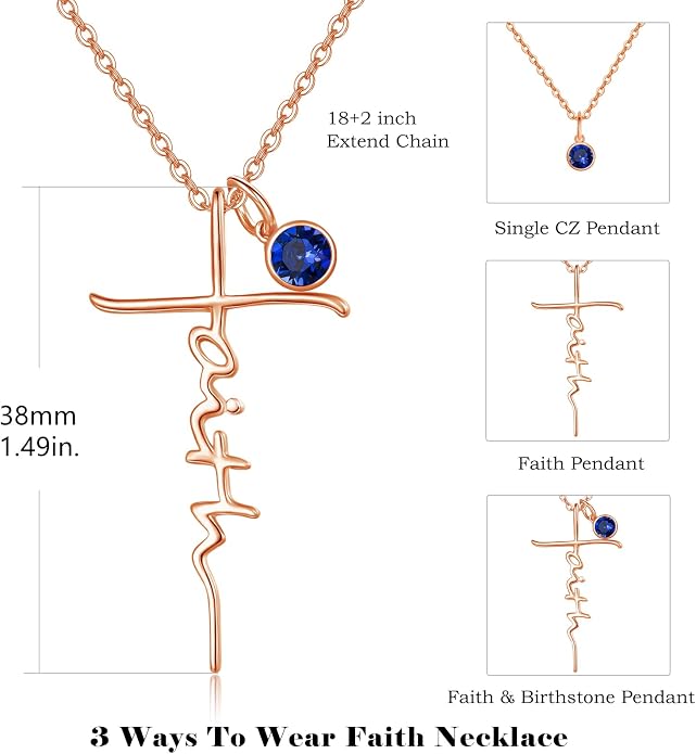 PRAYMOS Faith Cross Necklace for Women 925 Sterling Silver Pendant Necklace With Birthstone Initial Christian Religious Confirmation Baptism Mothers Day Gifts