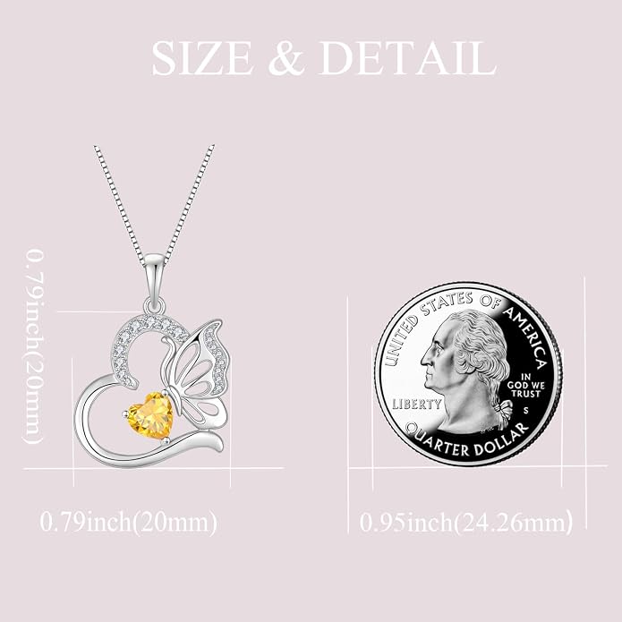 Butterfly Necklace for Women 925 Sterling Silver Heart Pendant Birthstones Jewelry Gift