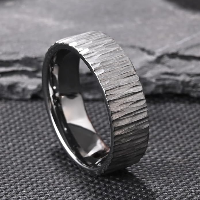 Tungsten Carbide Ring for Men Women 8mm Silvery Hammered Bark Textured Classic Men's Wedding Bands Polished Comfortable Fit Suitable for Party Anniversary
