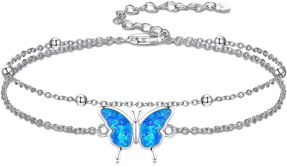 Dragonfly/Evil Eye/Hamsa Evil Eye/Lotus/Mushroom Anklet Bracelets for Women Sterling Silver Adjustable Double Layered Bracelet Anklet Mother's Day Jewelry Gifts Beach Jewelry
