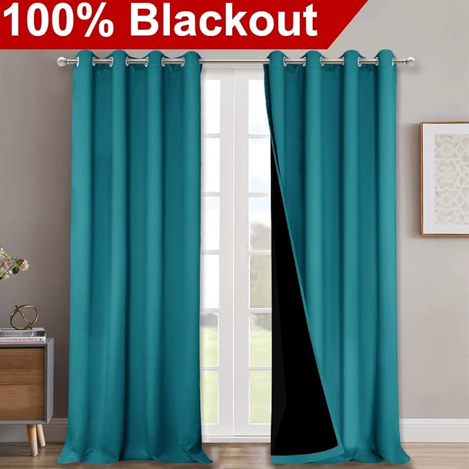 NICETOWN 100% Blackout Blinds, Set of 2, 46" x 96", Peacock Teal, Laundry Room Decor Window Treatment Curtains for Large Patio Sliding Door, Thermal Insulated Curtains for Bedroom