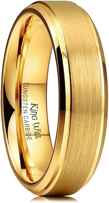 King Will Tungsten Carbide Wedding Band for Men Women-4/6/8mm Width 14K Gold Plated Tungsten Wedding Ring Matte Brushed & High Polished Style Comfort Fit Wedding Band Size 6-14