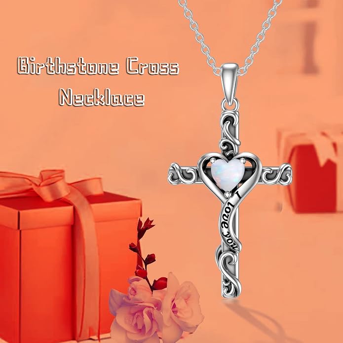 TOUPOP Cross Birthstone Necklace for Women 925 Sterling Silver Heart Cross Pendant I Love You Jewelry Anniversary Birthday Mothers Day Gifts for Mom Wife Her