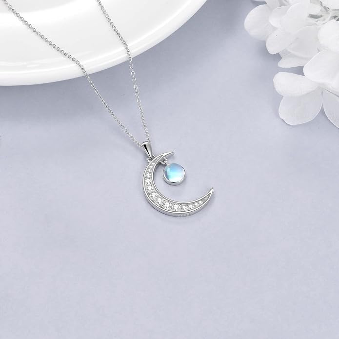 YAFEINI Moonstone Moon Necklace Sterling Silver Crescent Moon Pendant Necklace Jewelry Gifts for Women Teen Girls