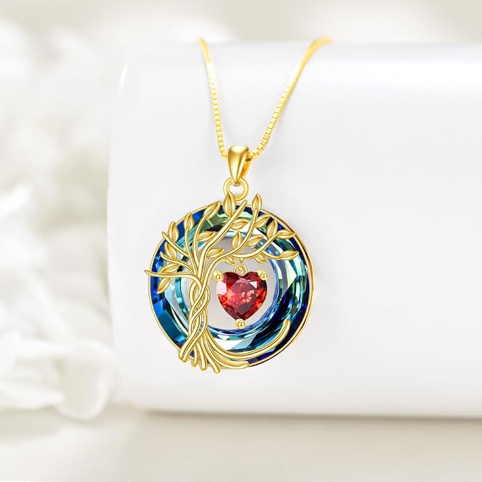 POPLYKE Mothers Day Gifts for Mom Her Wife Tree of Life Necklace 925 Sterling Silver Birthstone Pendant with Crystal Anniversary Birthday Wedding Jewelry for Women