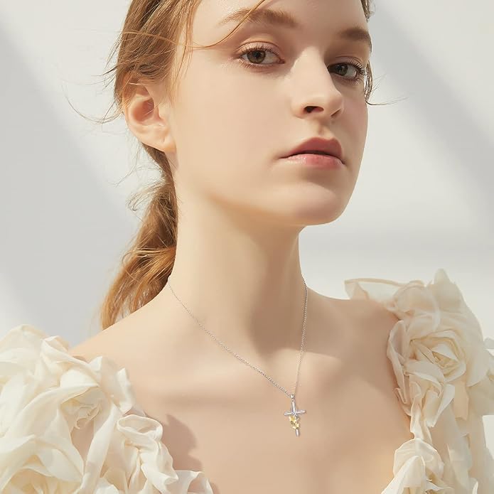 Cross Necklace for Women 925 Sterling Silver I Love You Necklace Religious Jewelry with Gift Box for Mother Daughter