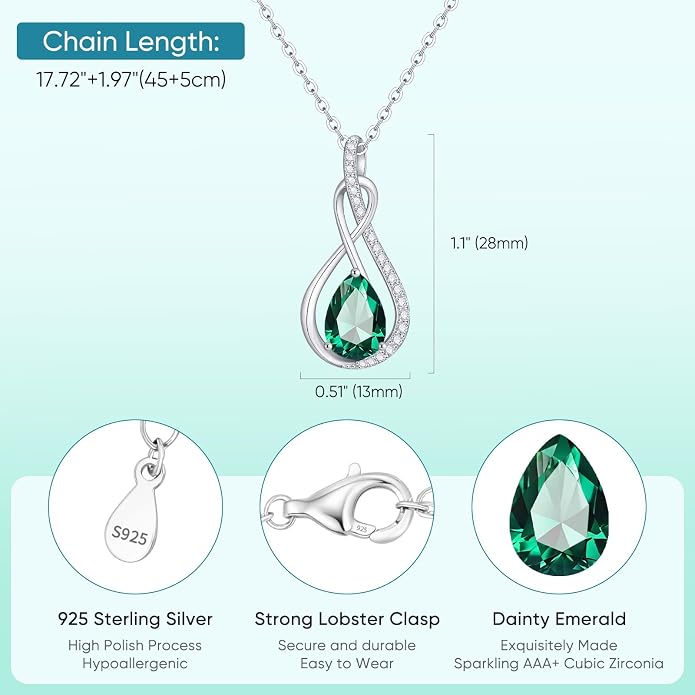 Birthstone Necklaces for Women Mothers - 925 Sterling Silver Dainty Infinity Cubic Zirconia Pendant Necklace Anniversary Birthday Christmas Gifts for Her Wife Mom Lady Daughter, Adjustable Chain