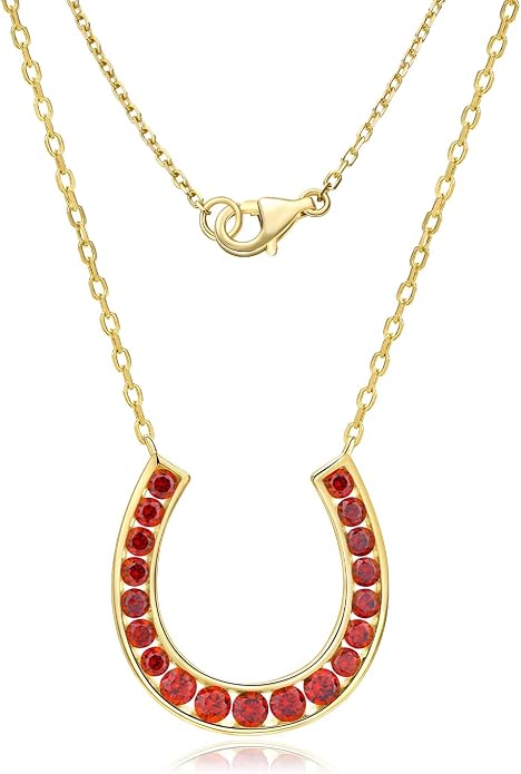 Luck Horseshoe Necklace 14K Gold Plated/Sterling Silver Created Gemstone Pendant with Chain Channel Set U Shaped Charm Necklace Birthstone Jewelry