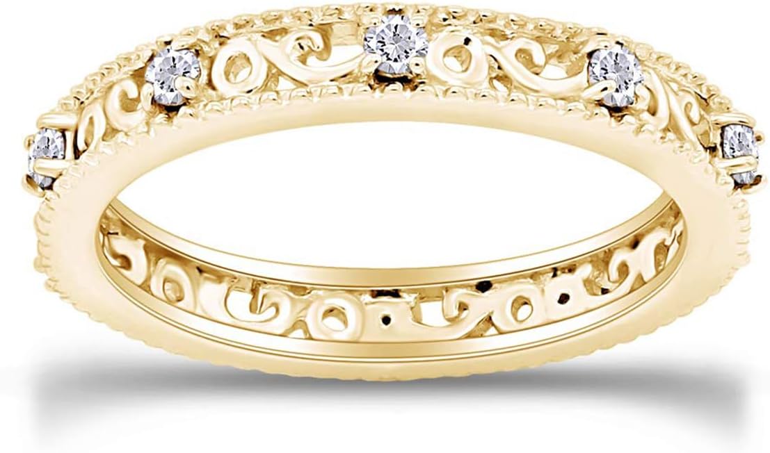 Jewel Zone US Filigree Eternity Wedding Band Ring for Women, Round Cut Simulated Gemstone Stackable Promise Ring in 14K Gold Plated 925 Sterling Silver Band Width 3.5mm – Elegant Jewelry for Her