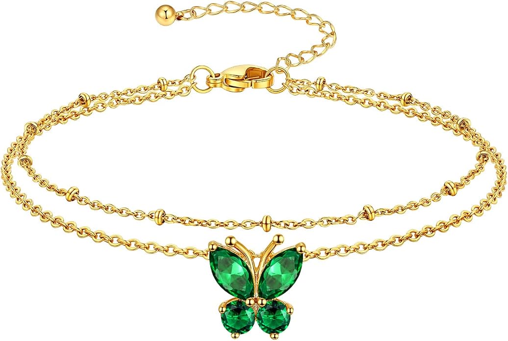 Richsteel Double Layer Heart/Butterfly Birthstone Anklet for Women Non Tarnish Waterproof, Silver/Gold/Black Stainless Steel 8.5-10.5 Inch Adjustable Chain Anklets Jewelry Gifts for Her