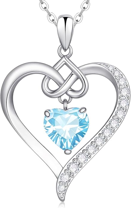 925 Sterling Silver Birthstone Heart Necklace for Women - Infinity Love Pendant with Cubic Zirconia, 12 Colors, Valentine's Day Gift for Her, 12 Months, Birthday Anniversary Christmas Jewelry Gifts