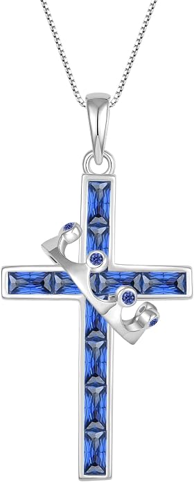 Gemstone Crown Cross Necklaces for Women, 925 Sterling Silver Rectangular cut Zircon Pendant With Rotated Crown Faith Cross Jewelry Gift