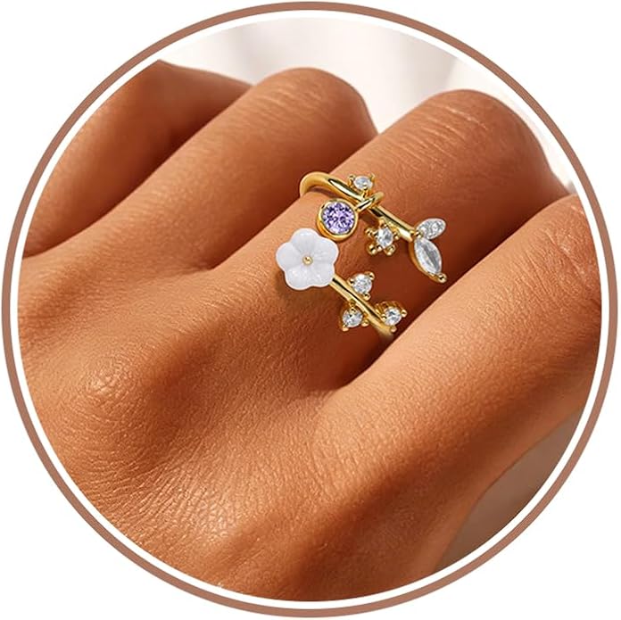 Gold Birthstone Rings for Women Non Tarnish Fashion Stackable Dainty 14KGold PlatedSilver/Rose Adjustable Emerald Green Ring Cubic Zirconia Gemstone Cute Pearl Shell Flower Promise Ring Engagement Birthday Gifts