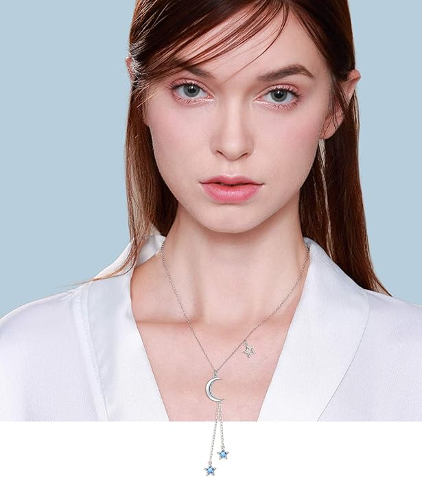 Ladytree 925 Sterling Silver Jewelry Crescent Moon and Star Pendant Necklace