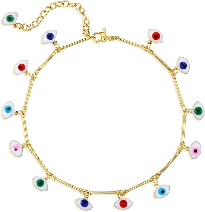 LOYATA Dainty Ankle Bracelet,14K Gold Plated Tiny Bead Anklet Dainty White Cubic Zirconia Cross Tassel Foot Chain Cute Lucky Moon Evil Eye Foot Jewelry Boho Anklets for Women