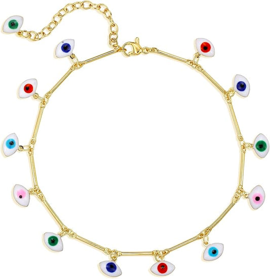 LOYATA Dainty Ankle Bracelet,14K Gold Plated Tiny Bead Anklet Dainty White Cubic Zirconia Cross Tassel Foot Chain Cute Lucky Moon Evil Eye Foot Jewelry Boho Anklets for Women
