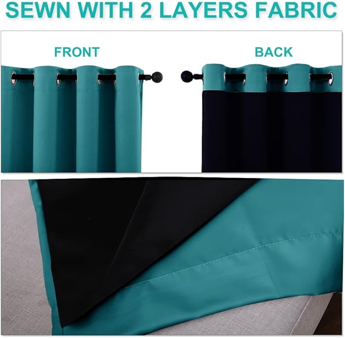NICETOWN 100% Blackout Curtains 54 inches Long, Double-Deck Completely Blackout Window Treatment Thermal Insulated Lined Drapes for Small Window (Peacock Teal, 1 Pair, 52 inches Width Each Panel)