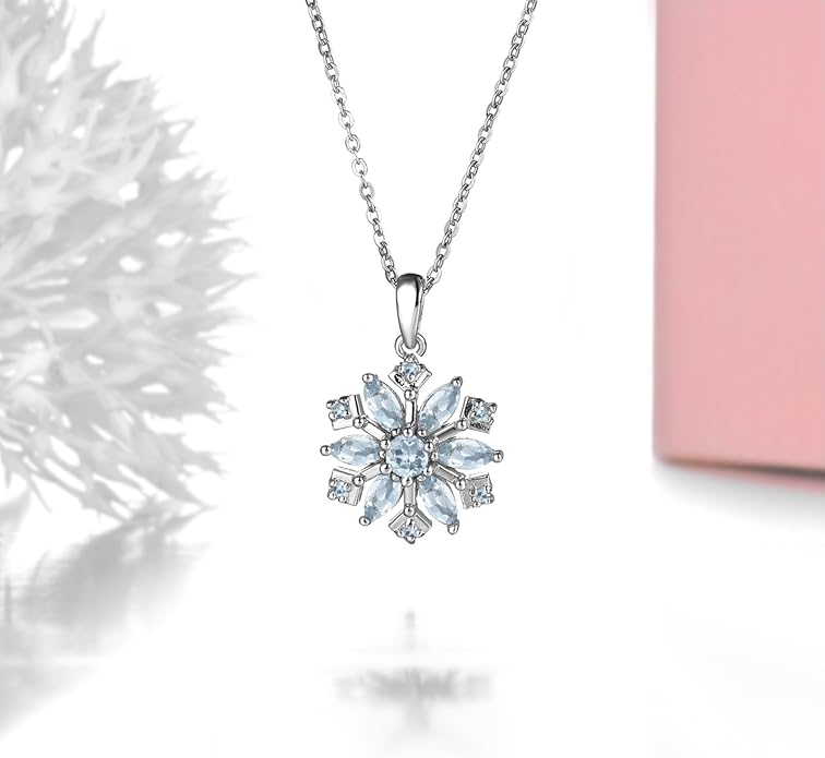Snowflake Pendant Necklace for Women Girls Hypoallergenic S925 Sterling Silver Natural Aquamarine March Birthstone Charms Fine Jewelry for Christmas