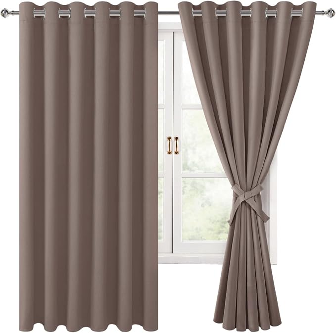 Hiasan Grommet Blackout Curtains for Bedroom, 70 x 63 Inches - Thermal Insulated & Light Blocking Window Drapes for Living Room/Dorm Room, Set of 2 Panels Sewn with Tiebacks, Tan