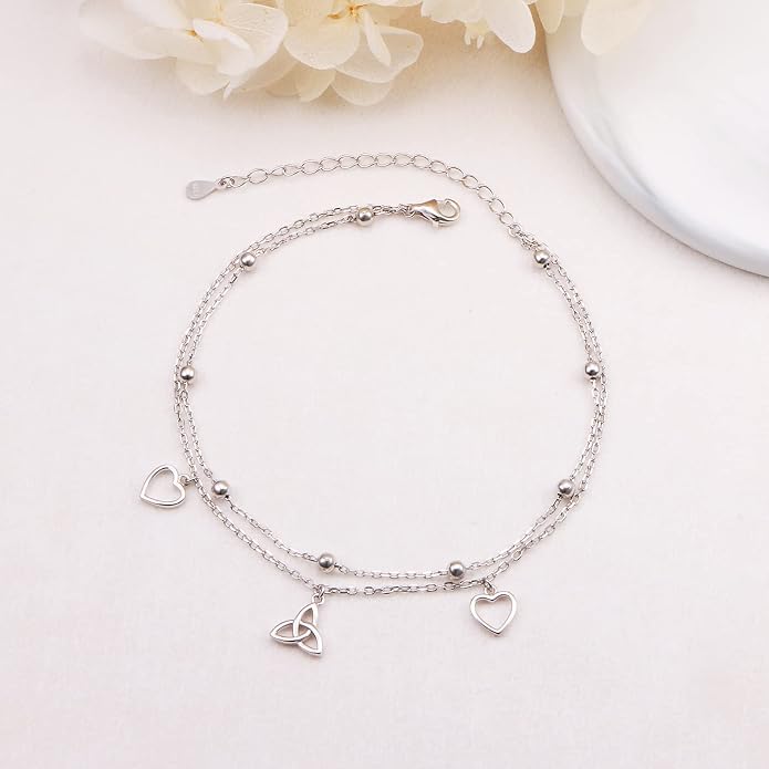 Anklet for Women S925 Sterling Silver Beach Style Foot Layered Adjustable Ankle Bracelet Disc Evil Eye Heart Infinity Bead Cross Jewelry