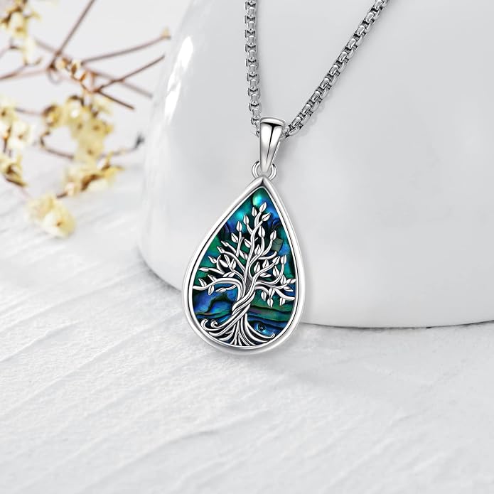 Jewelry Gifts - Tree of Life Necklace Sterling Silver Abalone Shell/Opal/Moonstone/Black Onyx/Turquoise/Malachite/Crystal Family Tree of Life Jewelry for Women Men