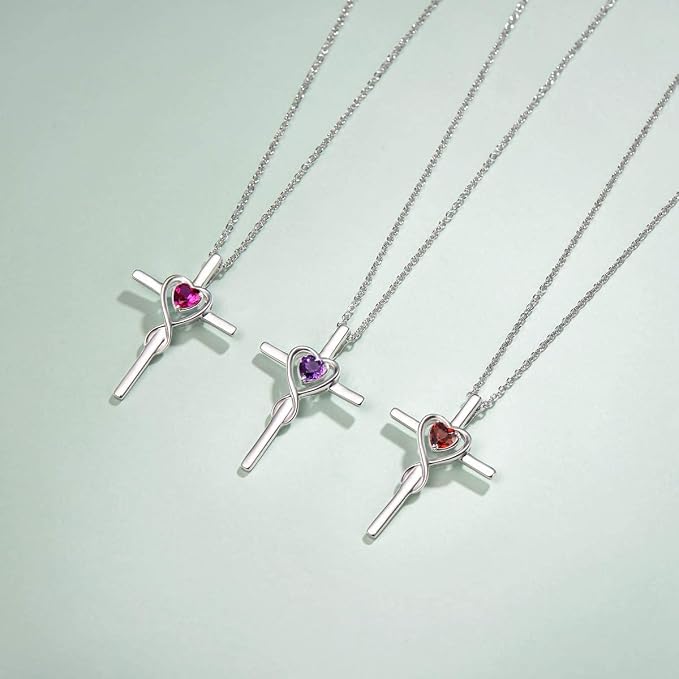 FANCIME Birthstone Cross Necklace for Women Birthstone Necklace Heart Infinity Cross Pendant Necklace Fine Jewelry Christmas Birthday Holiday Gifts for Her, 16"+2" Inches