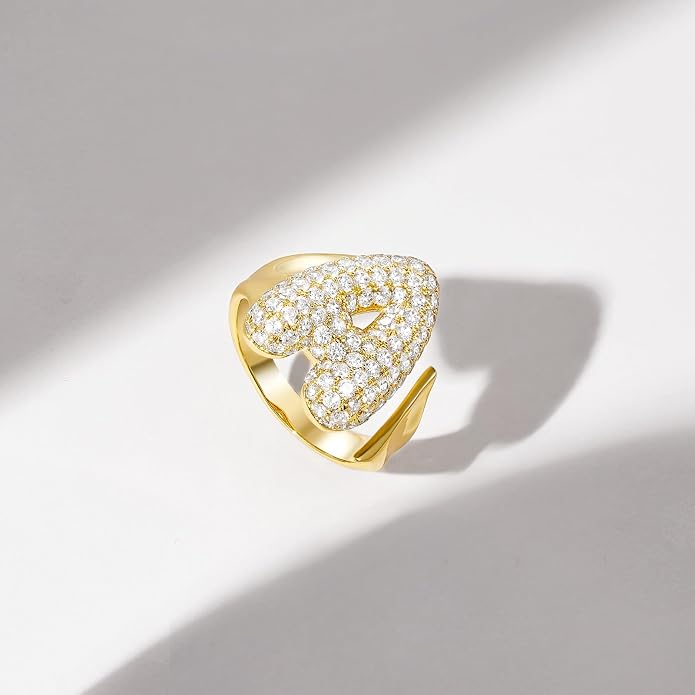 KissYan Bubble Initial Ring for Women, 14K Gold Plate Balloon Jumbo Letter Rings Open Adjustable Dainty Pave CZ Personalized Fashion Jewelry Gift for Mother's Day