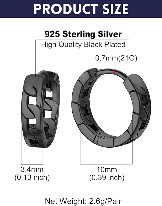Bandmax 925 Sterling Silver Black Huggie Hoop Earrings 10mm Small Hypoallergenic Cartilage Piercing Jewelry for Women Men Gift