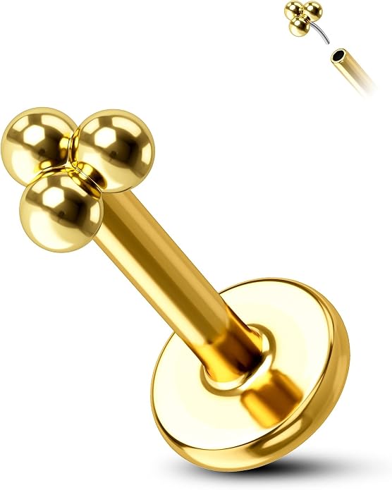 Cocharm 14K Gold Triple Ball Threadless Tragus Earrings 16g Push in Flat Back Helix Piercing