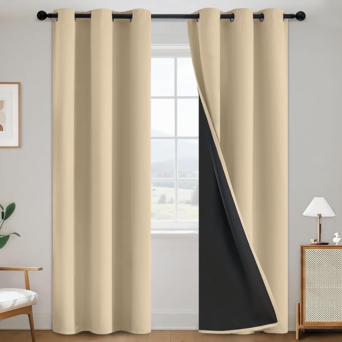 SimpleHome Beige 100% Blackout Curtains Room Darkening Living Room 84 Inch | Curtains for Bedroom,Thermal Insulated Grommet Window Drapes,Curtains for Living Room with Black Back,38 x 84 Inch,2 Panels