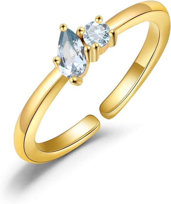 JSJOY Birthstone Rings for Women Dainty Emerald Blue Ring Birthday Gifts for Mom Her Gemstones CZ Ring for Teens Gold Rings That Don't Tarnish Adjustable Ring Jewelry Gifts