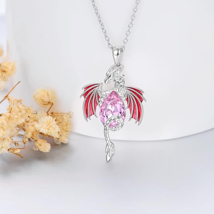 Dragon Necklace for Men Sterling Silver Birthstone Wyvern Necklace Embllished with Teardrop Shaped Crystal Jewelry for Women