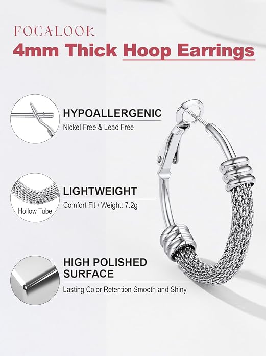 FOCALOOK 14K Gold Plated Hoop Earrings, Lightweight Hypoallergenic Large Stainless Steel Black Hoops Earrings for Women 20/30/40/50/60/70/80mm