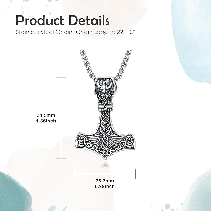 PROESS Thors Hammer Necklace Sterling Silver Celtic Knot Wolf/Lion/Raven Necklace Viking Mjolnir Pendant Jewelry for Men