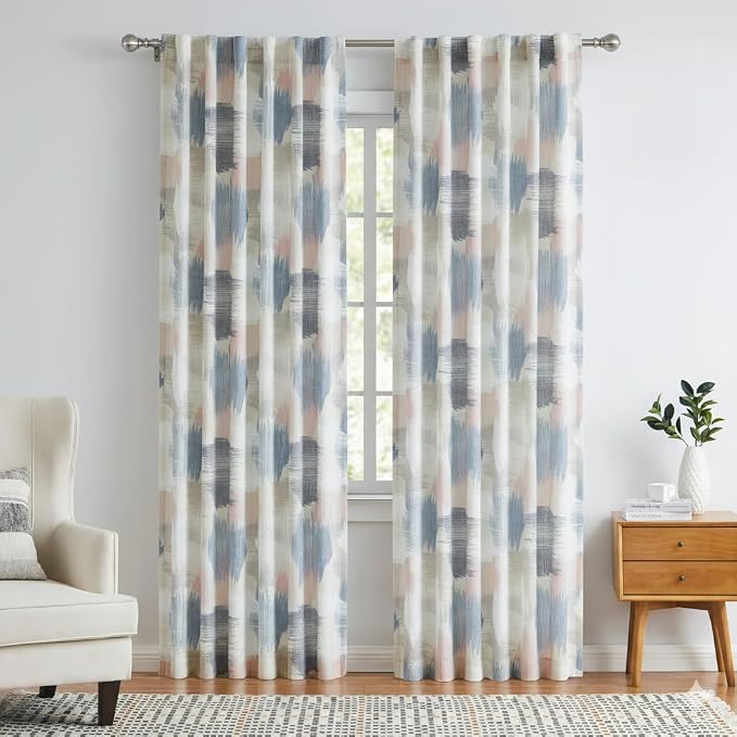 Kayne Studio Blue Pink Watercolor Boho Abstract Light Filtering Curtains,84 Inches Long Semi Sheer Colorful Curtains for Living Room and Farmhouse,Backtab Rod Pocket Window Drapes,52W x 84L.2 Panels