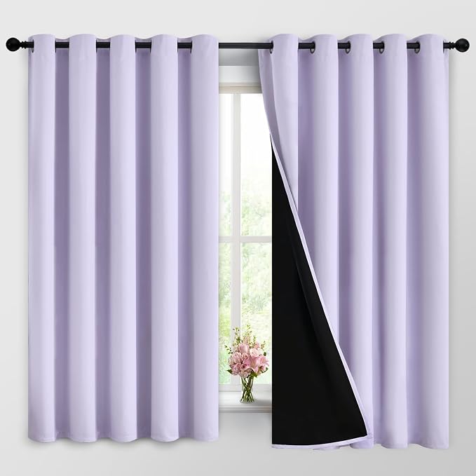Yakamok Lilac 100% Blackout Curtains 63 Inches Long for Bedroom 62" Wide | Blackout Curtain Panels for Bedroom, 2 Thick Layers Grommet Top Thermal Insulated Drapes with Black Liner for Living Room