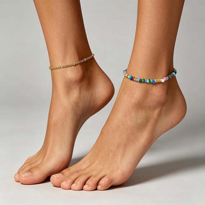 Ankle Bracelet for Women Natural Stone Colorful Beaded Boho Layered Anklet 14K Gold Plated Adjustable Beads Chain 2Pcs Anklets Set Handmade Summer Beach Jewelry