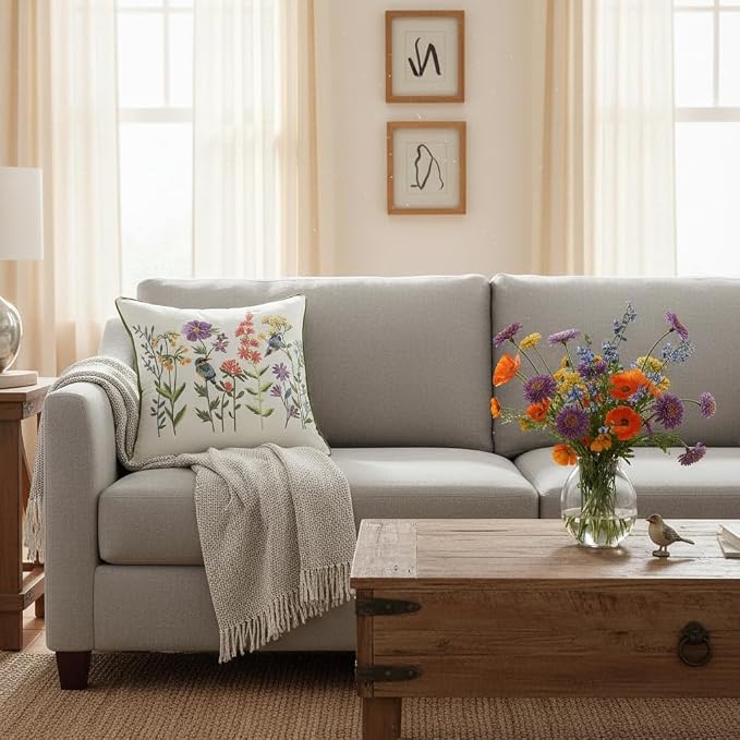 Embroidered Throw Pillow Covers 18 x 18 Pack of 2 Vintage Birds with Flowers Pillow Covers Summer Decor Pillowcase Farmhouse Floral Pillow Cushion Cases Boho Pillowcases Square Pillow Case
