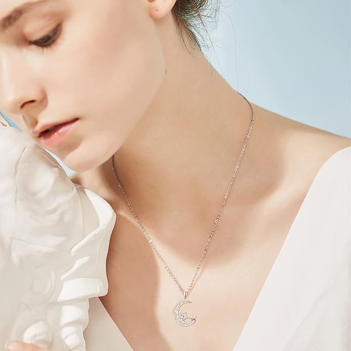Palpitate Moon Star Necklace Moon Phase Necklace Pendant 925 Sterling Silver Jewelry Christmas Gifts for Women Wife Her Adjustable Chain