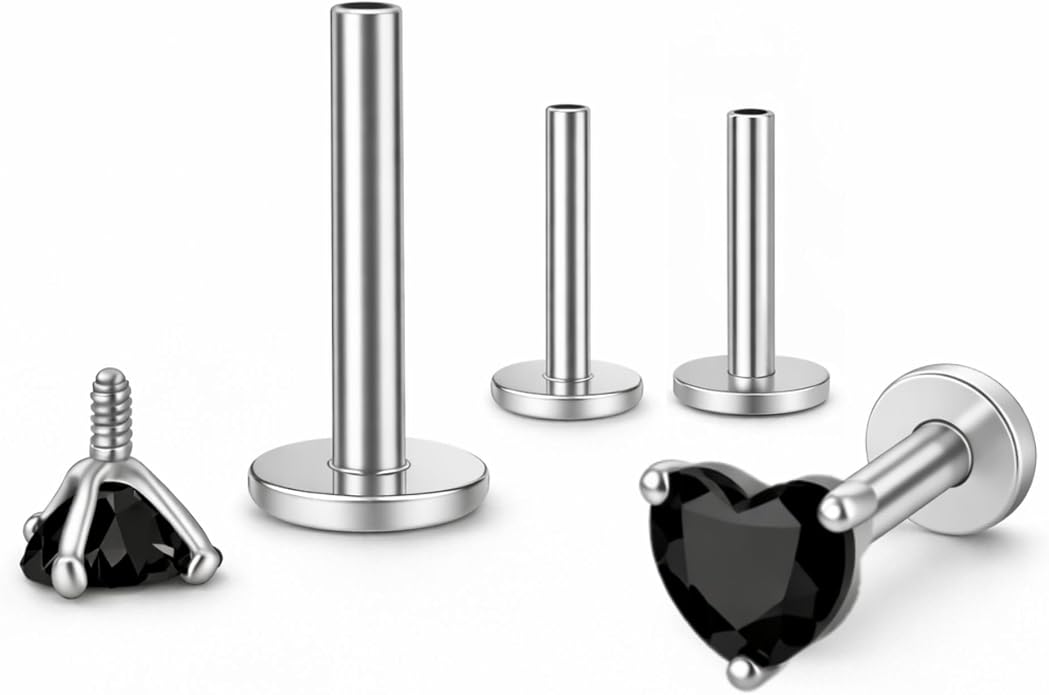 Titanium Heart CZ Labret Stud Earrings for Piercings by Ginger Lyne 6Pc Set G23 Screw Front Flat Back Body Jewelry 2 pair post 6mm, 8mm Cartilage, Helix, Tragus, Lip, Conch, Lobe