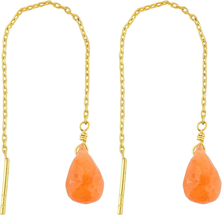 Natural Gemstone Threader Earrings for Women - Dainty 2mm Faceted Beads - Birthstone Crystal Drop Earrings - Silver Plated Healing Jewelry