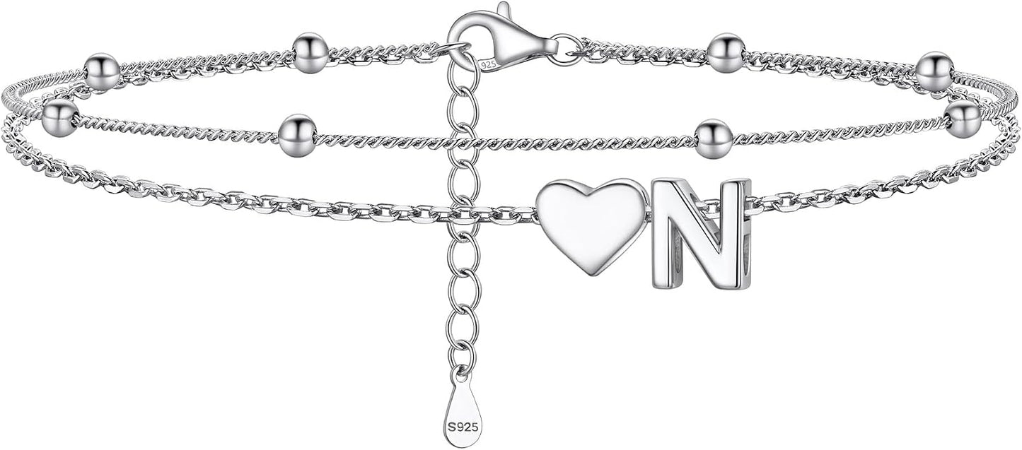 PROSILVER Ankle Bracelets for Women S925 Sterling Silver Anklets for Women Waterproof, Dainty Layered Heart Anklet, Beach Initial Anklet for Summer, Letter A-Z